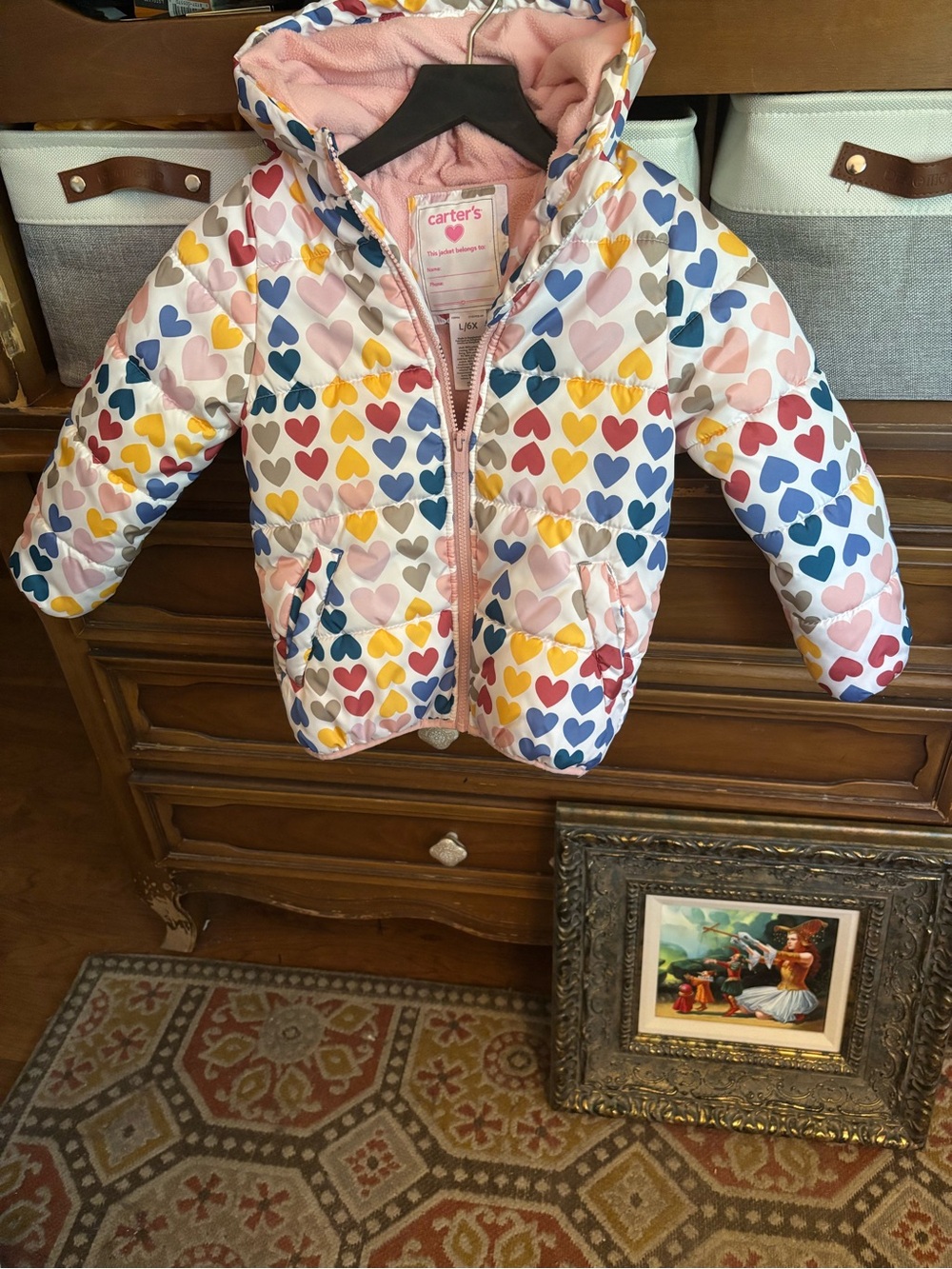 Carter's Girls Hooded Puffer Jacket with Multicolor Heart Print | Size L 6X EUC
